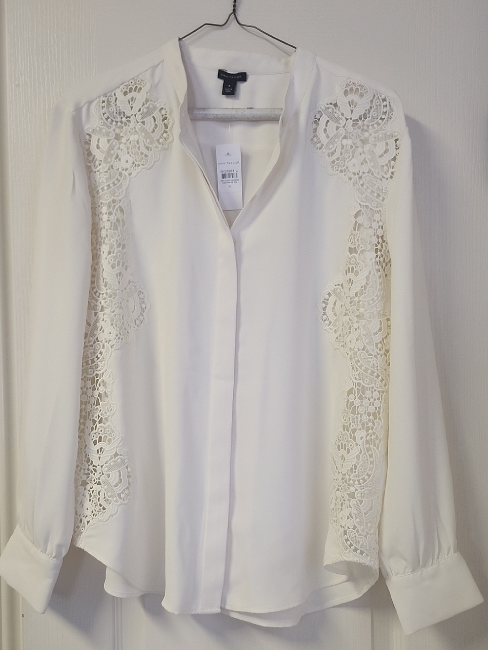 Ann Taylor White Lace-Panel Button Down Shirt